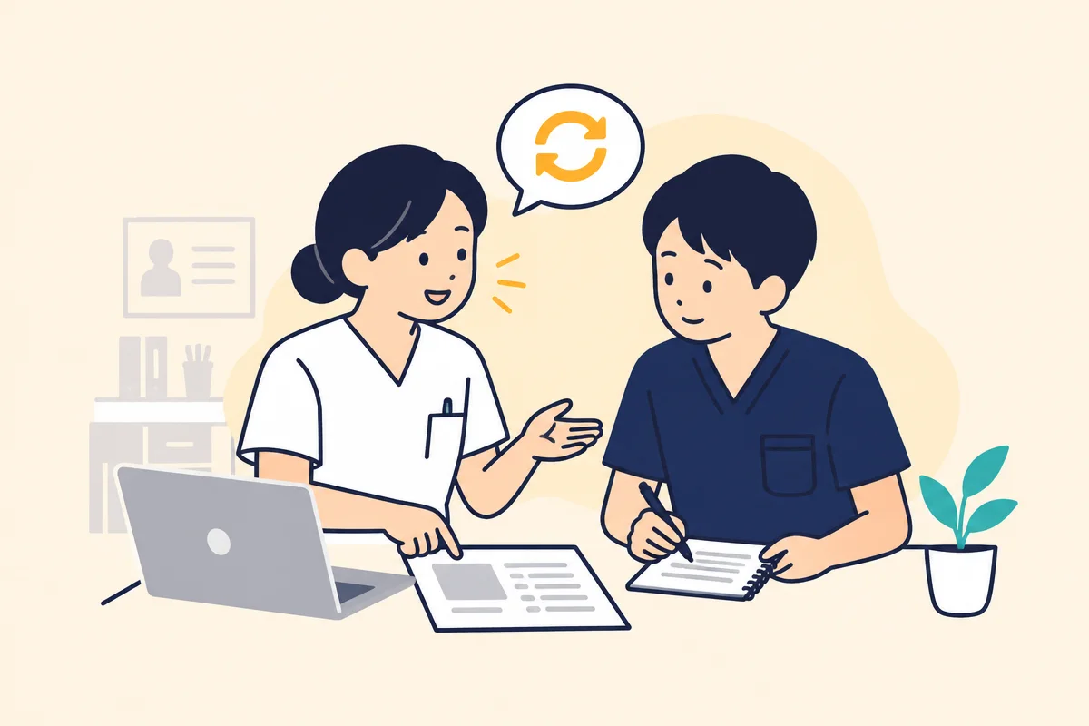 新人に同じことを説明している先輩スタッフ