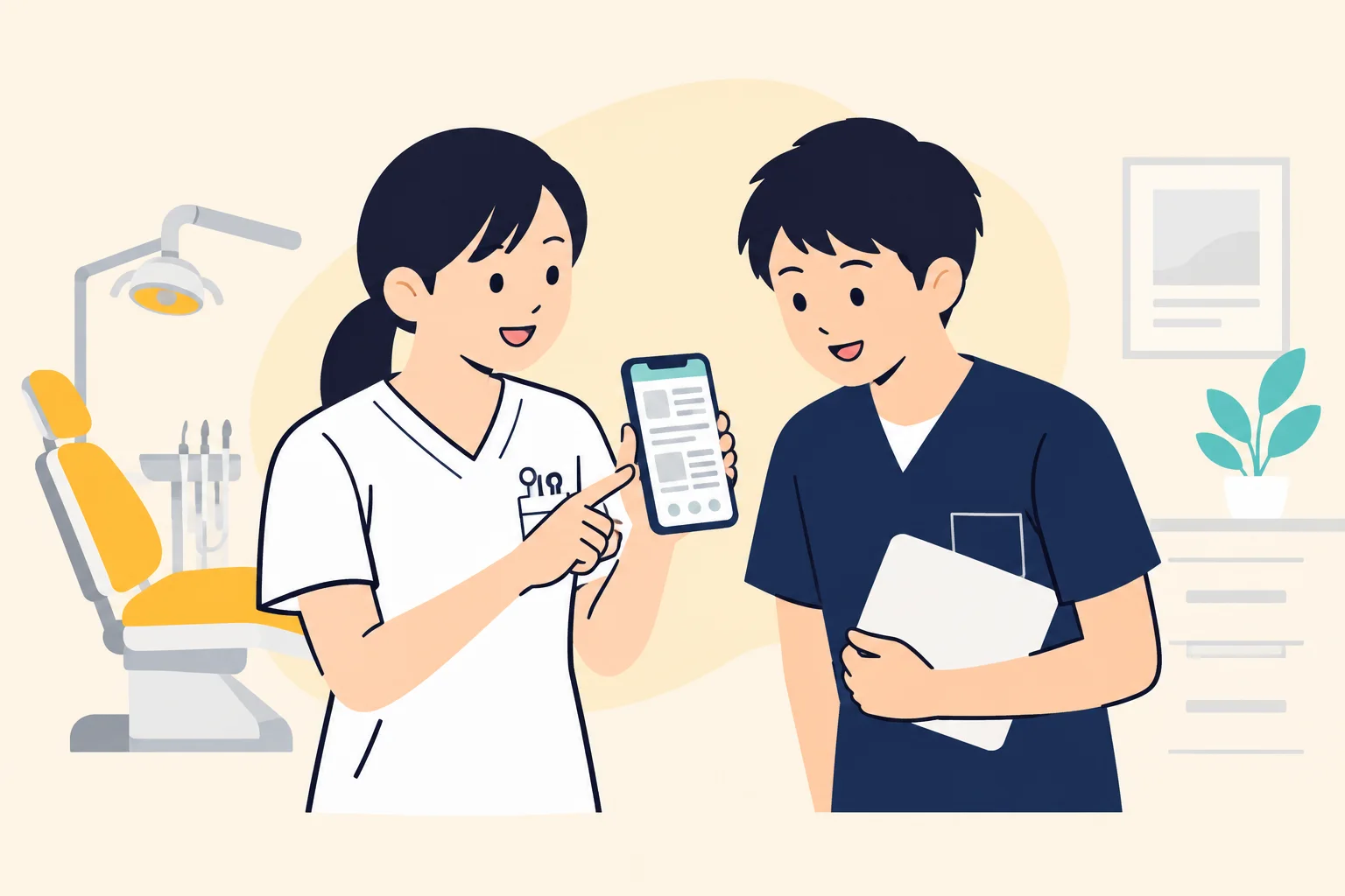歯科衛生士が後輩とスマートフォンを見ている様子